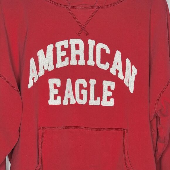American Eagle Y2K Red White Spell Out Cozy Heavy Hooded Sweatshirt Pocket - Picture 3 of 13